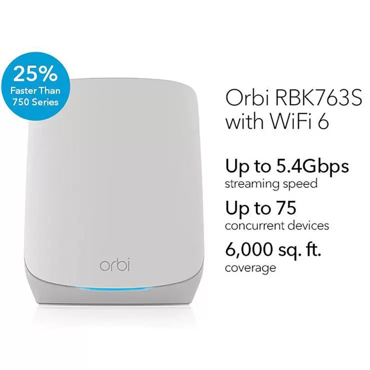 Netgear Orbi RBK763S Tri-band WiFi 6 Mesh System, 5.4Gbps, Router and 2 Satellites, RBK763S-100EUS