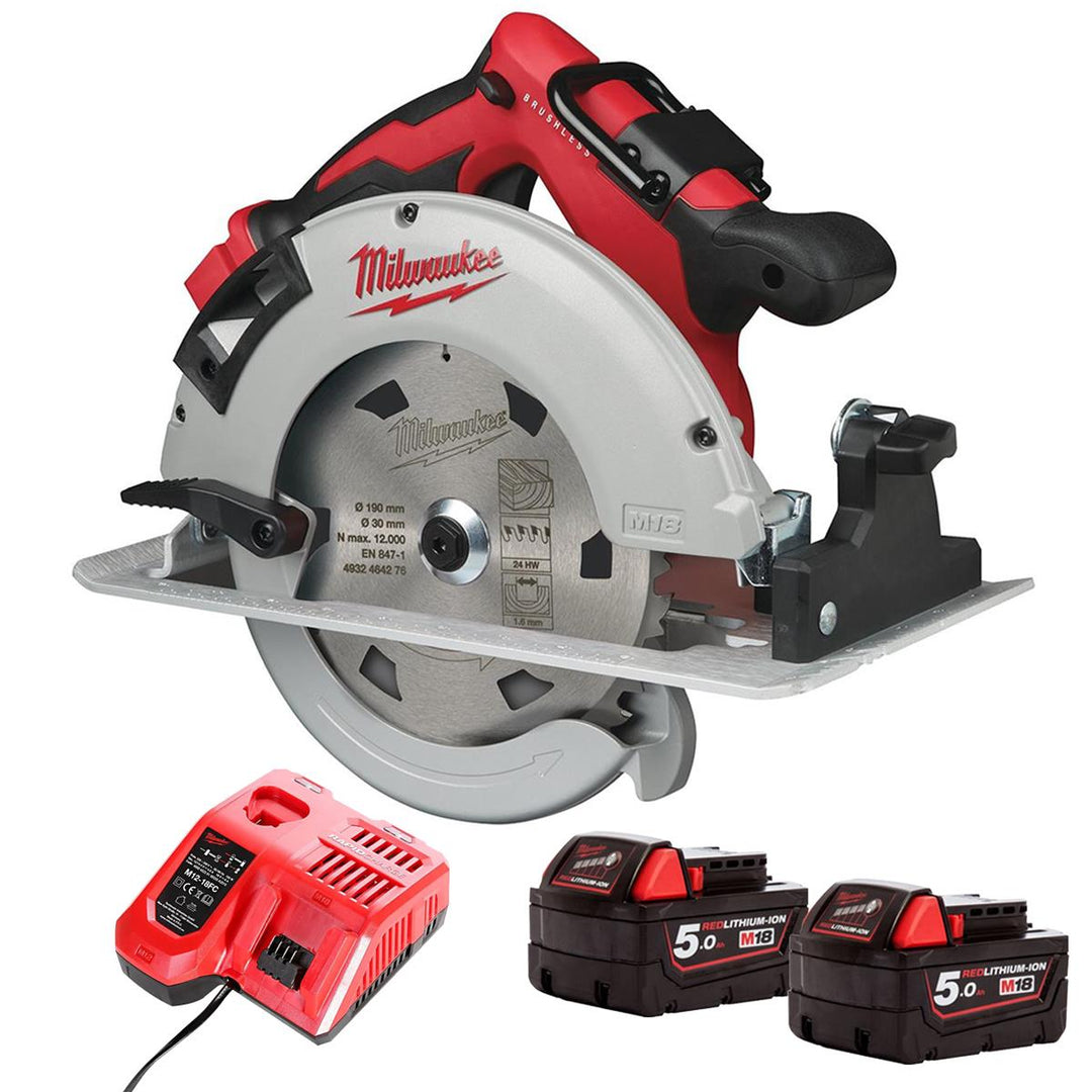Milwaukee M18BLCS66-0 18V Brushless 190mm Circular Saw with 2 x 5.0Ah Battery &amp; Charger