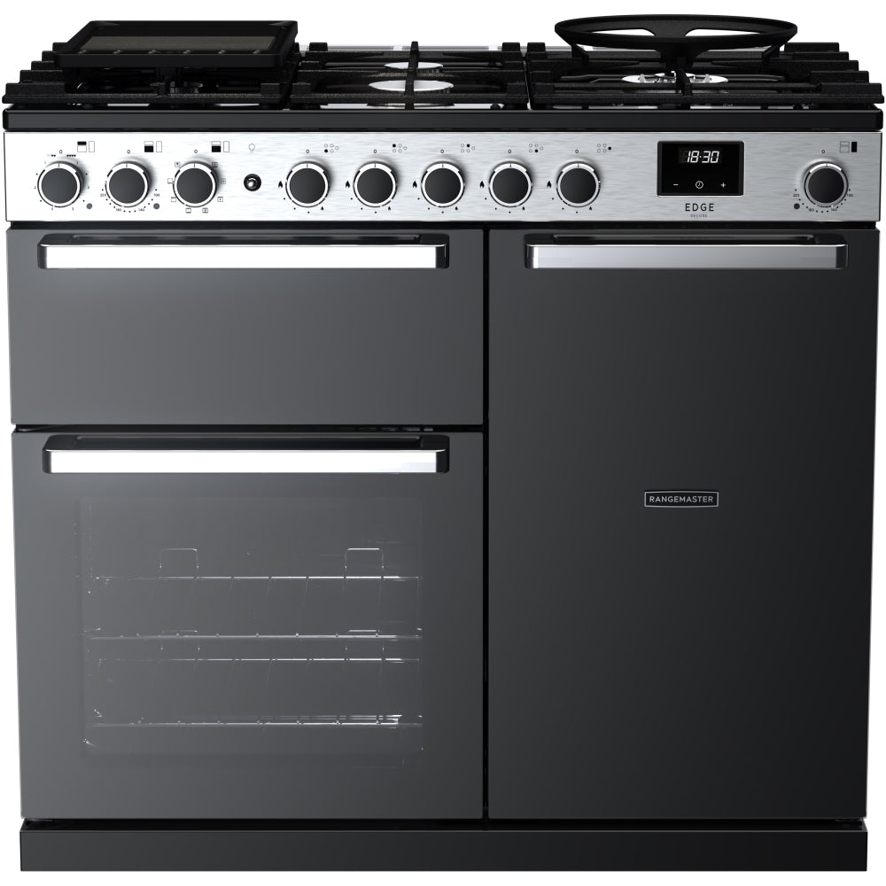 Rangemaster Edge Deluxe EDDL100DFGBLK/CM1 100cm wide Dual Fuel Range Cooker with Gas Hob - Black Glass / Chrome
