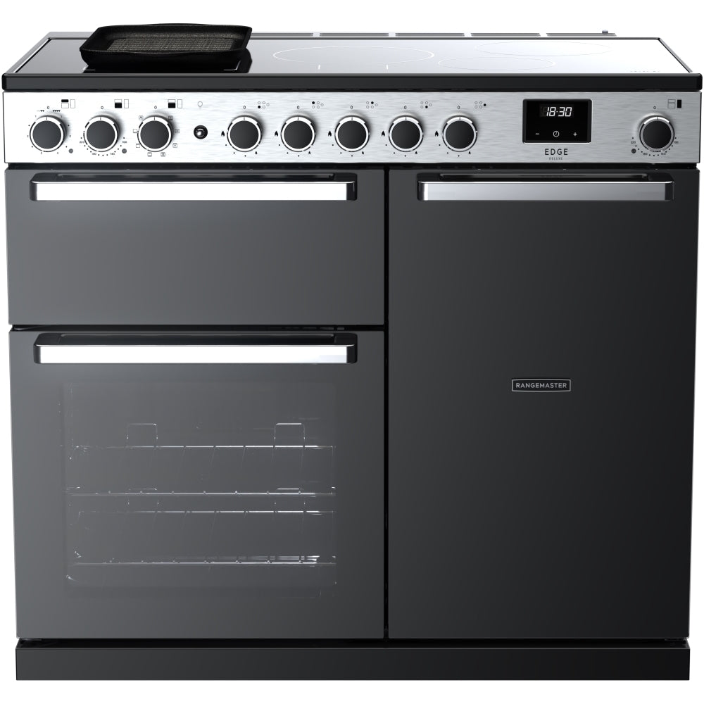 Rangemaster Edge Deluxe EDDL100EIGBLK/CM1 100cm wide Electric Range Cooker with Induction Hob - Black Glass / Chrome