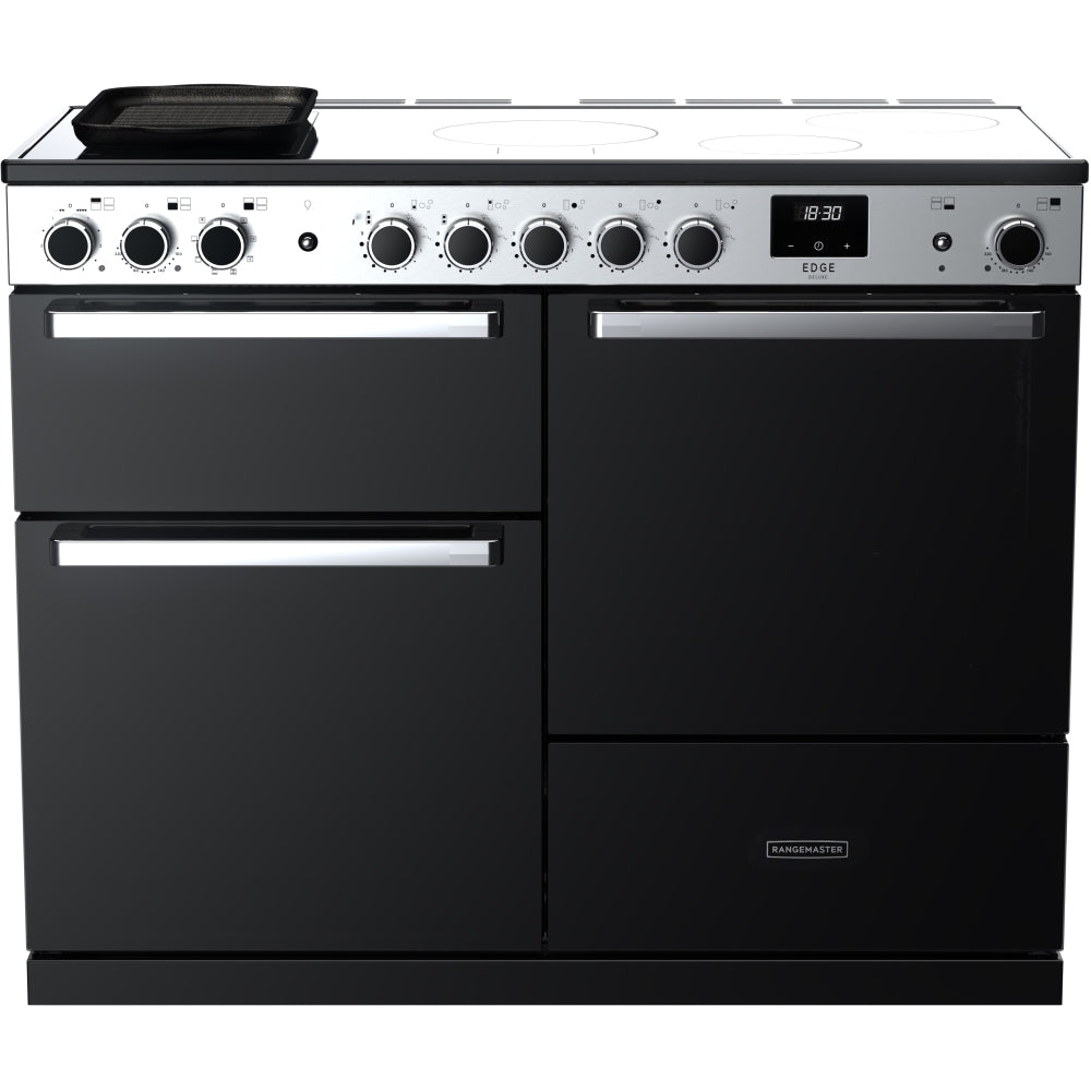 Rangemaster Edge Deluxe EDDLO110EIGBLK/CM1 110cm wide Electric Range Cooker with Induction Hob - Black Glass / Chrome