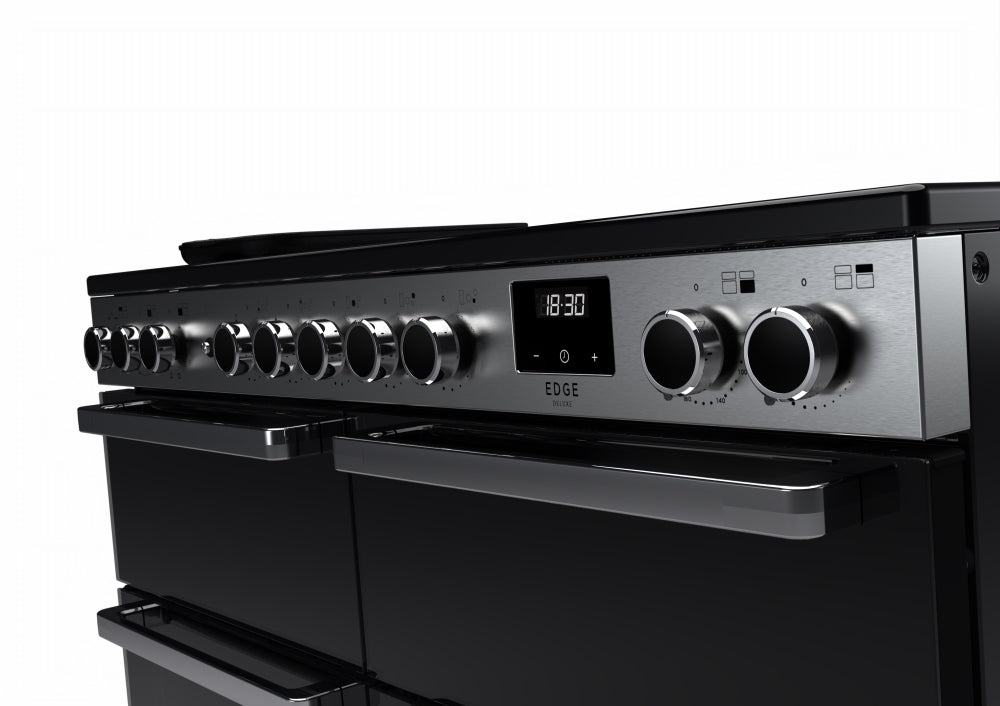 Rangemaster Edge Deluxe EDDLB110EIGBLK/CM1 110cm wide Electric Range Cooker with Induction Hob - Black Glass / Chrome