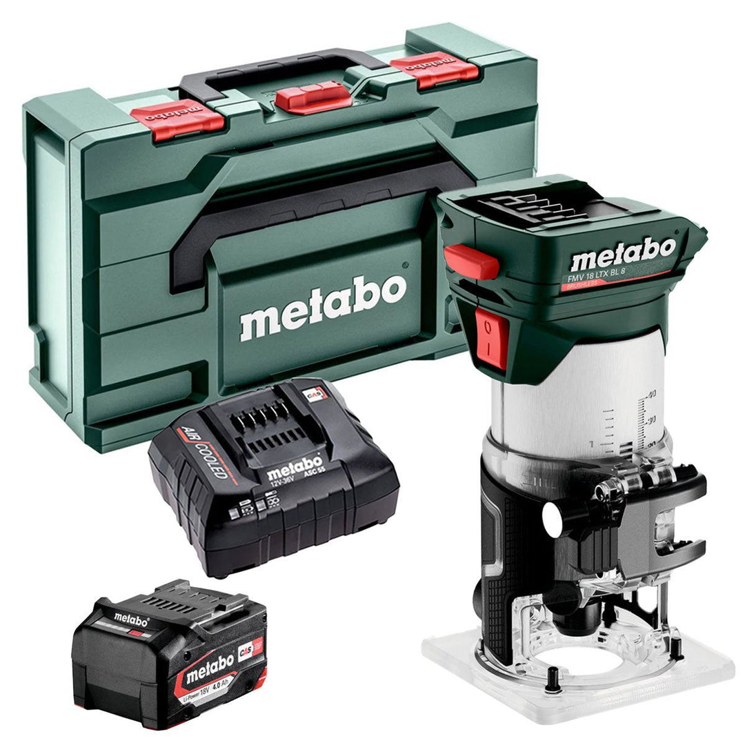 Metabo FMV 18 LTX BL 8 18V Brushless 1/4" Trim Router with 1 x 4.0Ah Battery Charger & Metabox