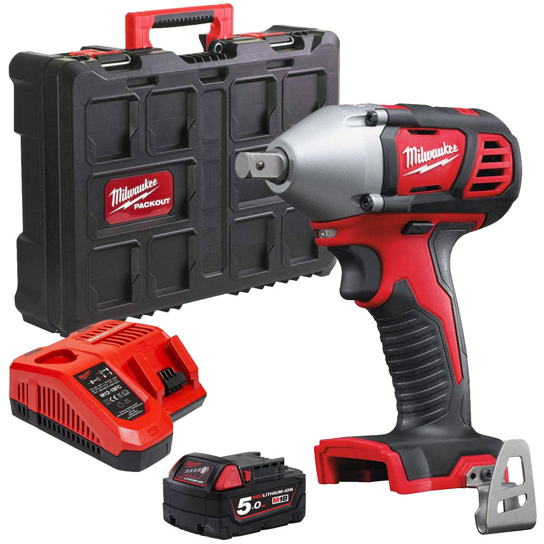 Milwaukee M18BIW12-0 18V 1/2in Impact Wrench with 1 x 5.0Ah Battery Charger &amp; Empty Case