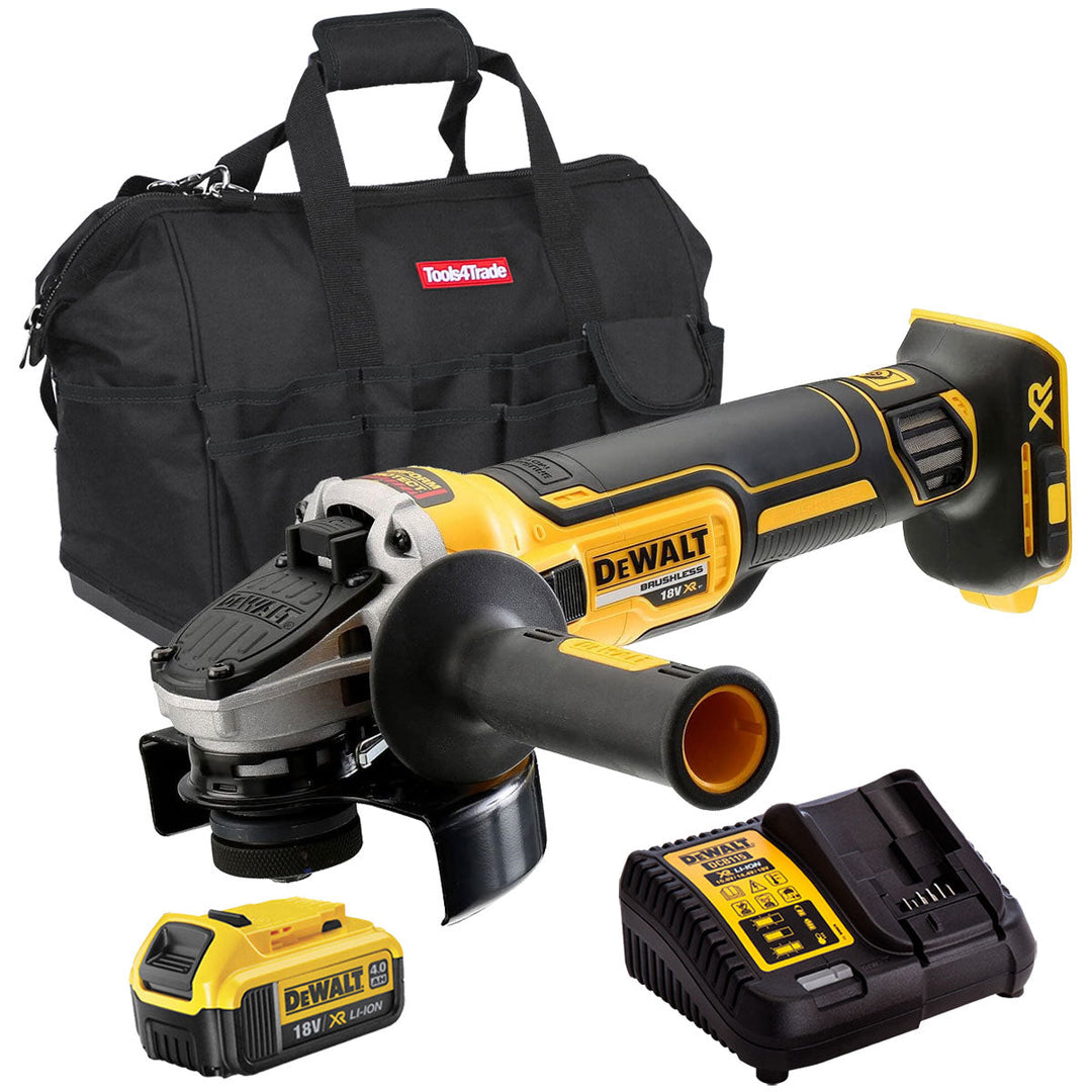 Dewalt DCG405N 18V Brushless 125mm Angle Grinder with 1 x 4.0Ah Battery Charger & Bag
