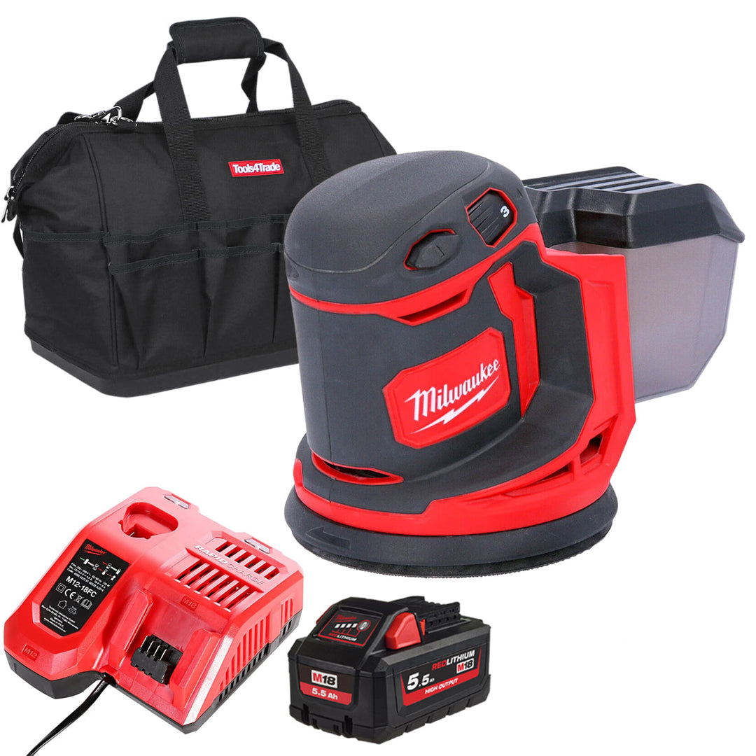 Milwaukee M18BOS125-0 18V 125mm Random Orbital Sander with 1 x 5.5Ah Battery Charger &amp; Bag
