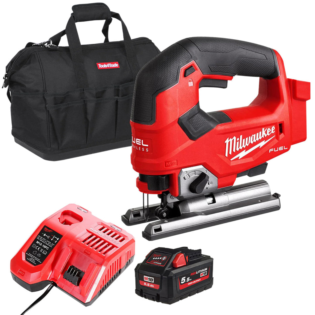 Milwaukee M18FJS-0 18V Brushless Fuel Top Handle Jigsaw with 1 x 5.5Ah Battery Charger &amp; Bag