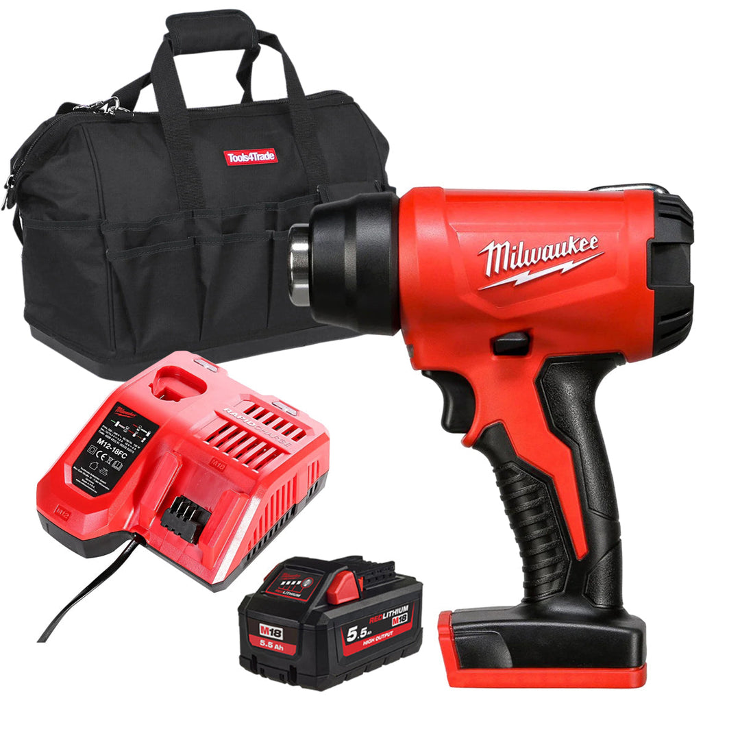 Milwaukee M18BHG-0 18V Cordless Compact Heat Gun with 1 x 5.5Ah Battery Charger &amp; Bag