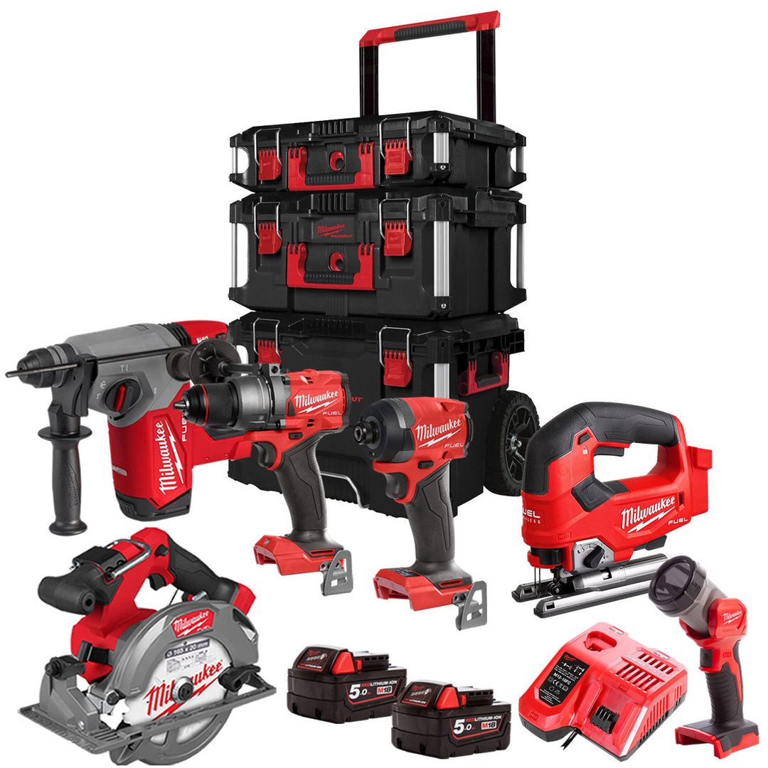 Milwaukee 18V Fuel Brushless 6 Piece Power Tool Kit With 2 x 5.0Ah Battery Charger & Trolley Toolbox