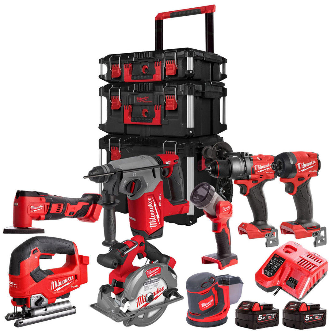 Milwaukee 18V 8 Piece Power Tool Kit With 2 x 5.0Ah Battery Charger & Trolley Toolbox