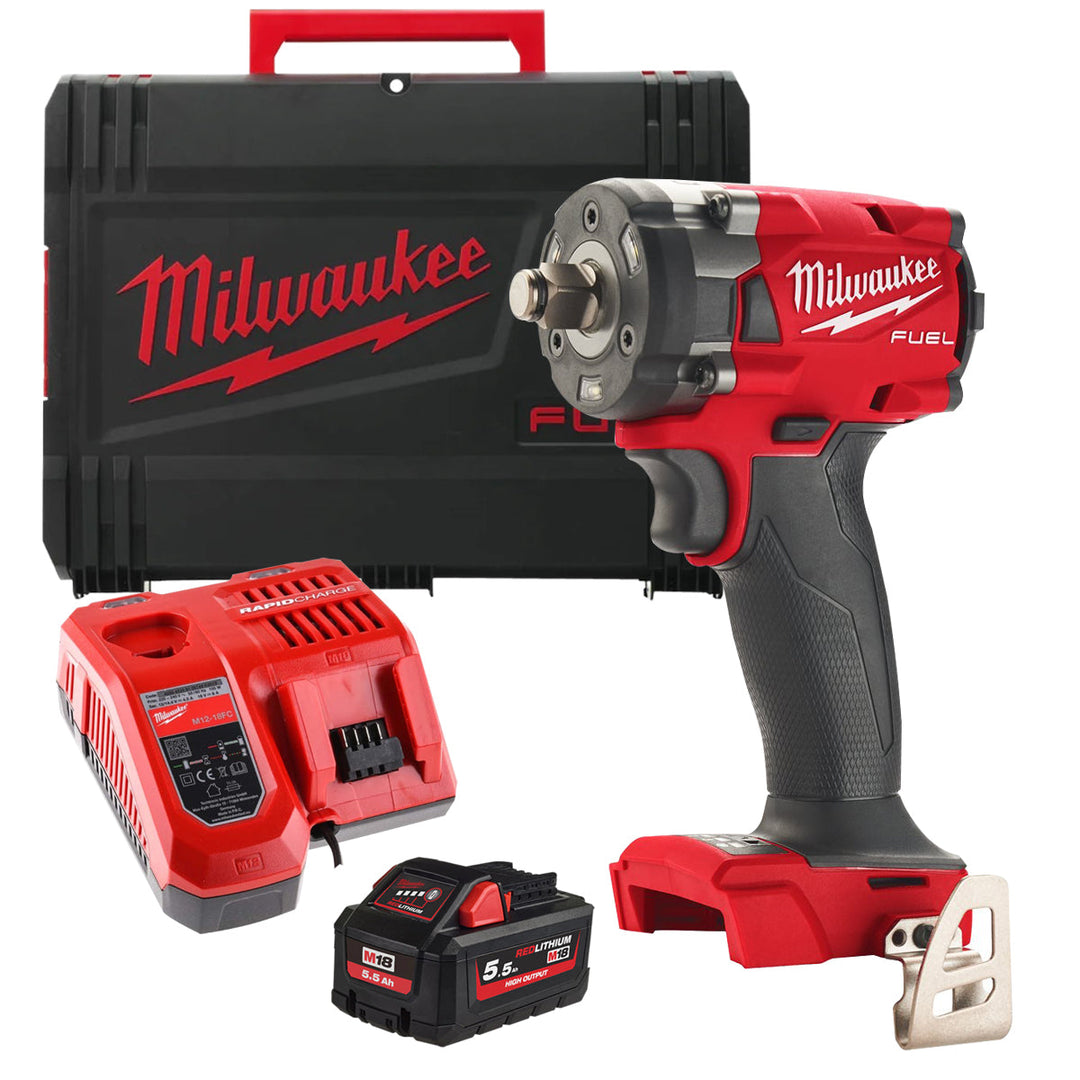 Milwaukee M18FIW2F38-0X 18V Fuel Brushless 3/8" Friction Ring Impact Wrench with 1 x 5.5Ah Battery Charger &amp; Case