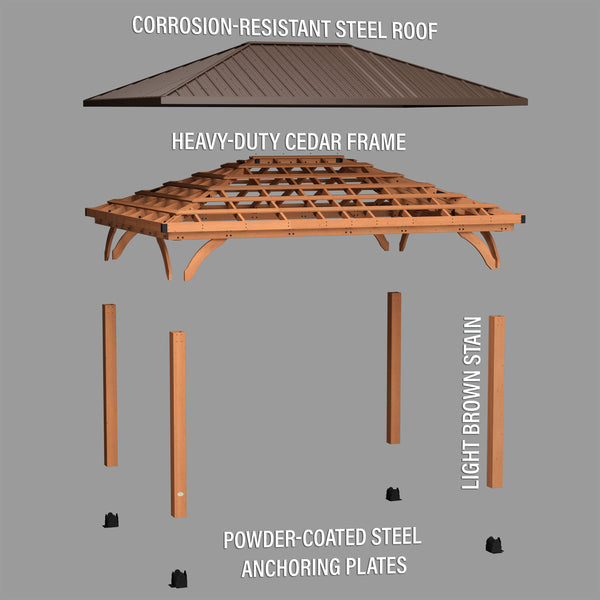 Backyard Discovery Barrington Gazebo 4.9m x 3.7m, Cedar Wood Frame with Heavy-Duty Steel Hip Roof, Pro-Tect™ Tested, Pre-Stained, Easy Assembly, 5-Year Warranty