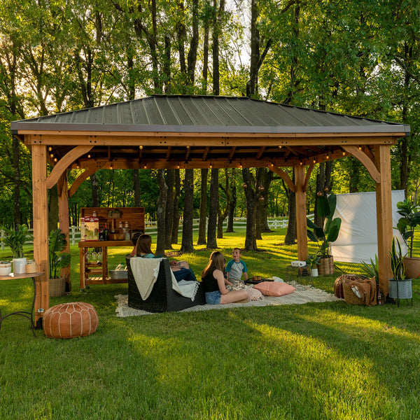 Backyard Discovery Barrington Gazebo 4.9m x 3.7m, Cedar Wood Frame with Heavy-Duty Steel Hip Roof, Pro-Tect™ Tested, Pre-Stained, Easy Assembly, 5-Year Warranty