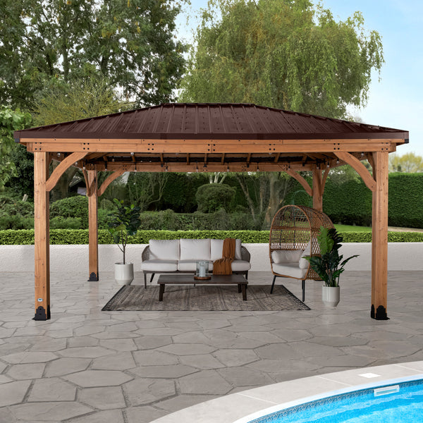 Backyard Discovery Barrington Gazebo 4.9m x 3.7m, Cedar Wood Frame with Heavy-Duty Steel Hip Roof, Pro-Tect™ Tested, Pre-Stained, Easy Assembly, 5-Year Warranty