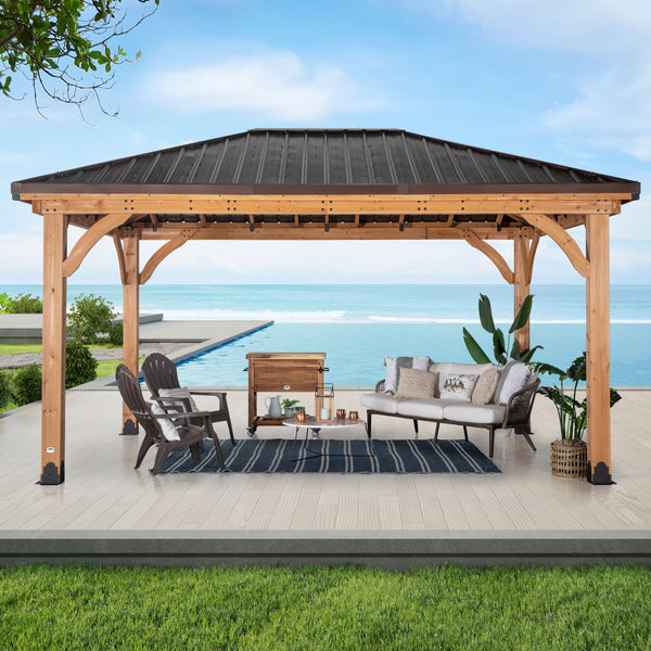 Backyard Discovery Barrington Gazebo 4.9m x 3.7m, Cedar Wood Frame with Heavy-Duty Steel Hip Roof, Pro-Tect™ Tested, Pre-Stained, Easy Assembly, 5-Year Warranty