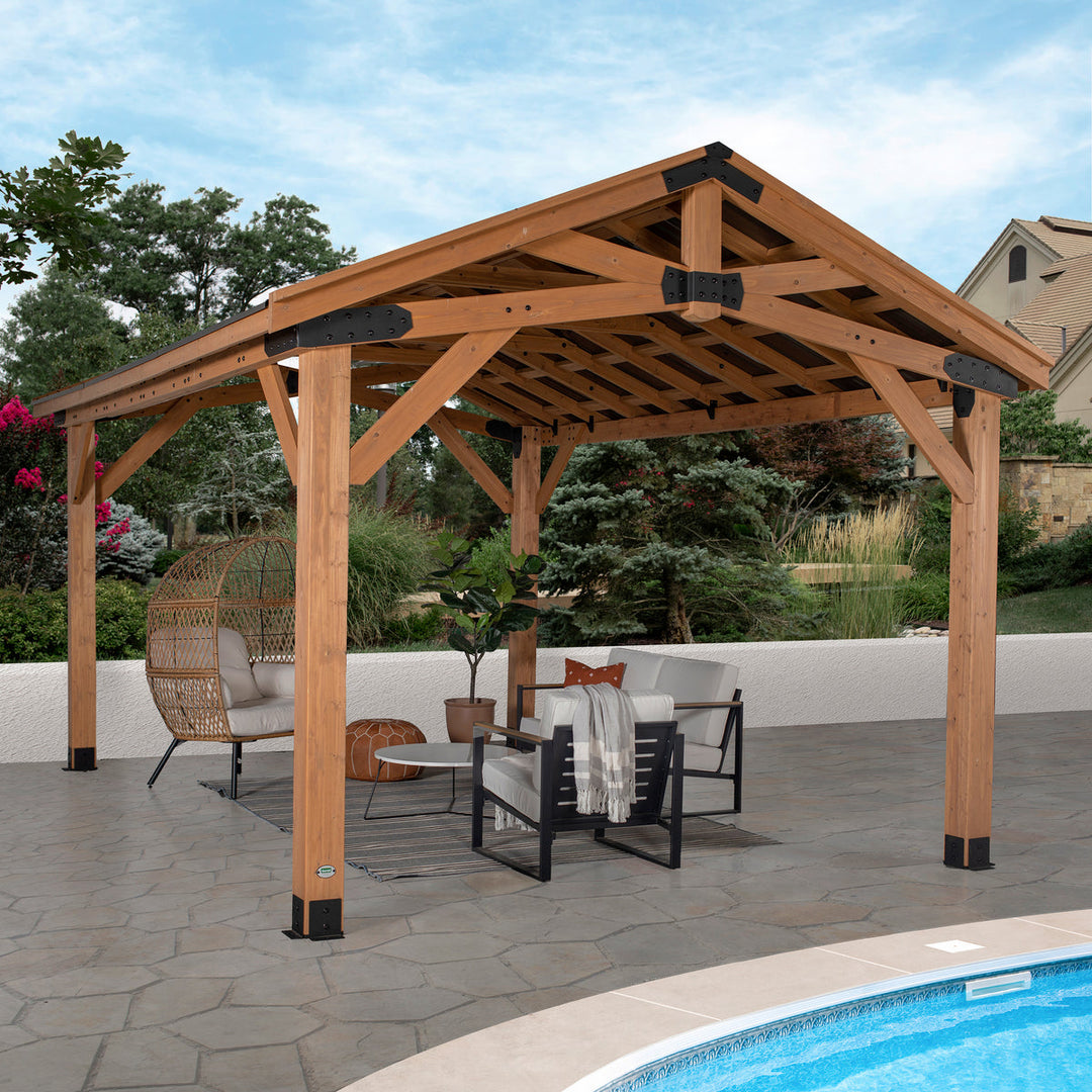 Backyard Discovery Norwood Gazebo 16×12 ft (4.9×3.6 m) – Cedar Wood Frame, Heavy-Duty Steel Peak Roof, PowerPort™, Pro-Tect™ Tested, Easy Assembly, 5-Year Warranty