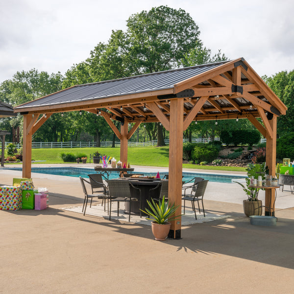 Backyard Discovery Norwood Gazebo 16×12 ft (4.9×3.6 m) – Cedar Wood Frame, Heavy-Duty Steel Peak Roof, PowerPort™, Pro-Tect™ Tested, Easy Assembly, 5-Year Warranty