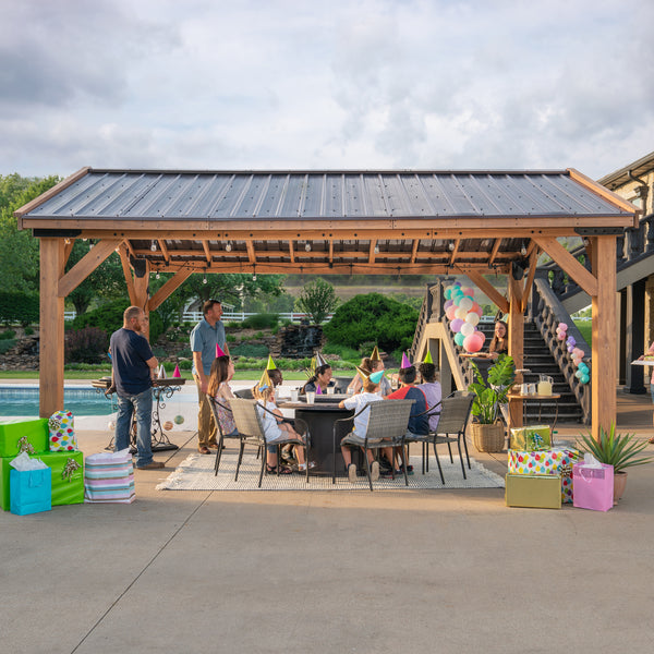 Backyard Discovery Norwood Gazebo 16×12 ft (4.9×3.6 m) – Cedar Wood Frame, Heavy-Duty Steel Peak Roof, PowerPort™, Pro-Tect™ Tested, Easy Assembly, 5-Year Warranty