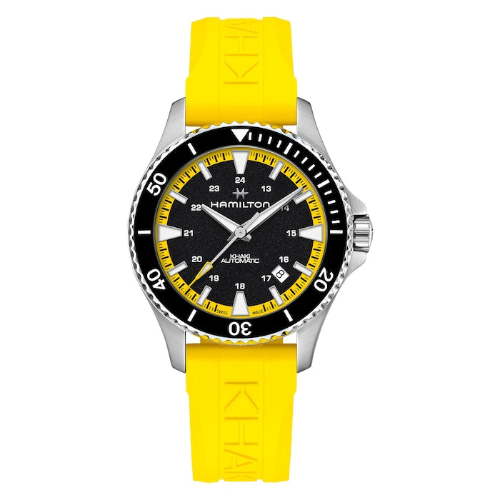 Khaki Navy Scuba Auto 40mm Mens Watch Black Dial Yellow Strap