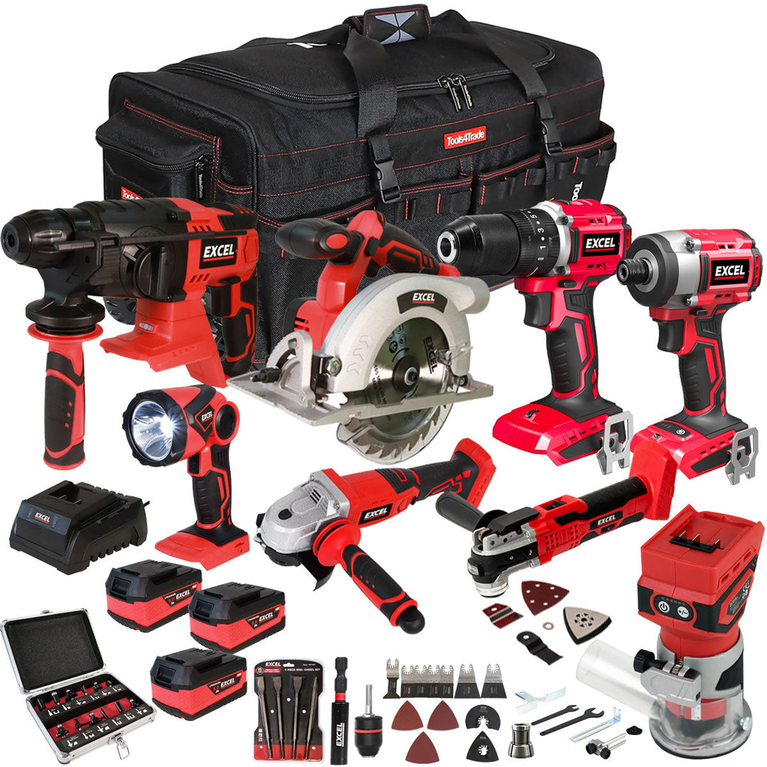 Excel 18V 8 Piece Power Tool Kit with 3 x 5.0Ah Battery Charger & Accessories EXLKIT-17300