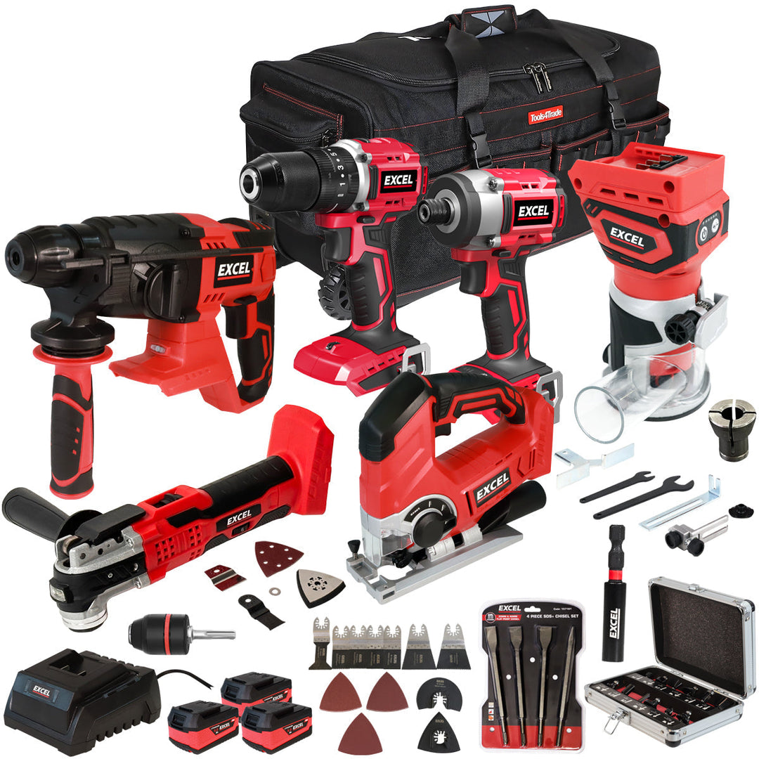 Excel 18V 6 Piece Power Tool Kit with 3 x 5.0Ah Battery Charger & Accessories EXLKIT-17302