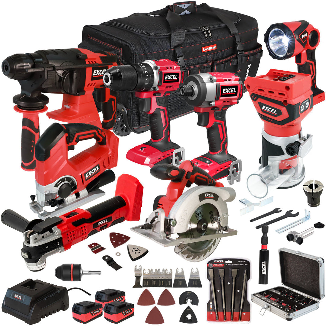 Excel 18V 8 Piece Power Tool Kit with 3 x 5.0Ah Battery Charger & Accessories EXLKIT-17303