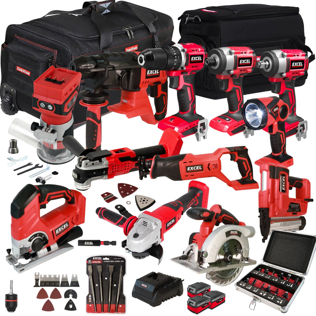 Excel 18V 12 Piece Power Tool Kit with 3 x 4.0Ah Battery Charger & Accessories EXLKIT-17306