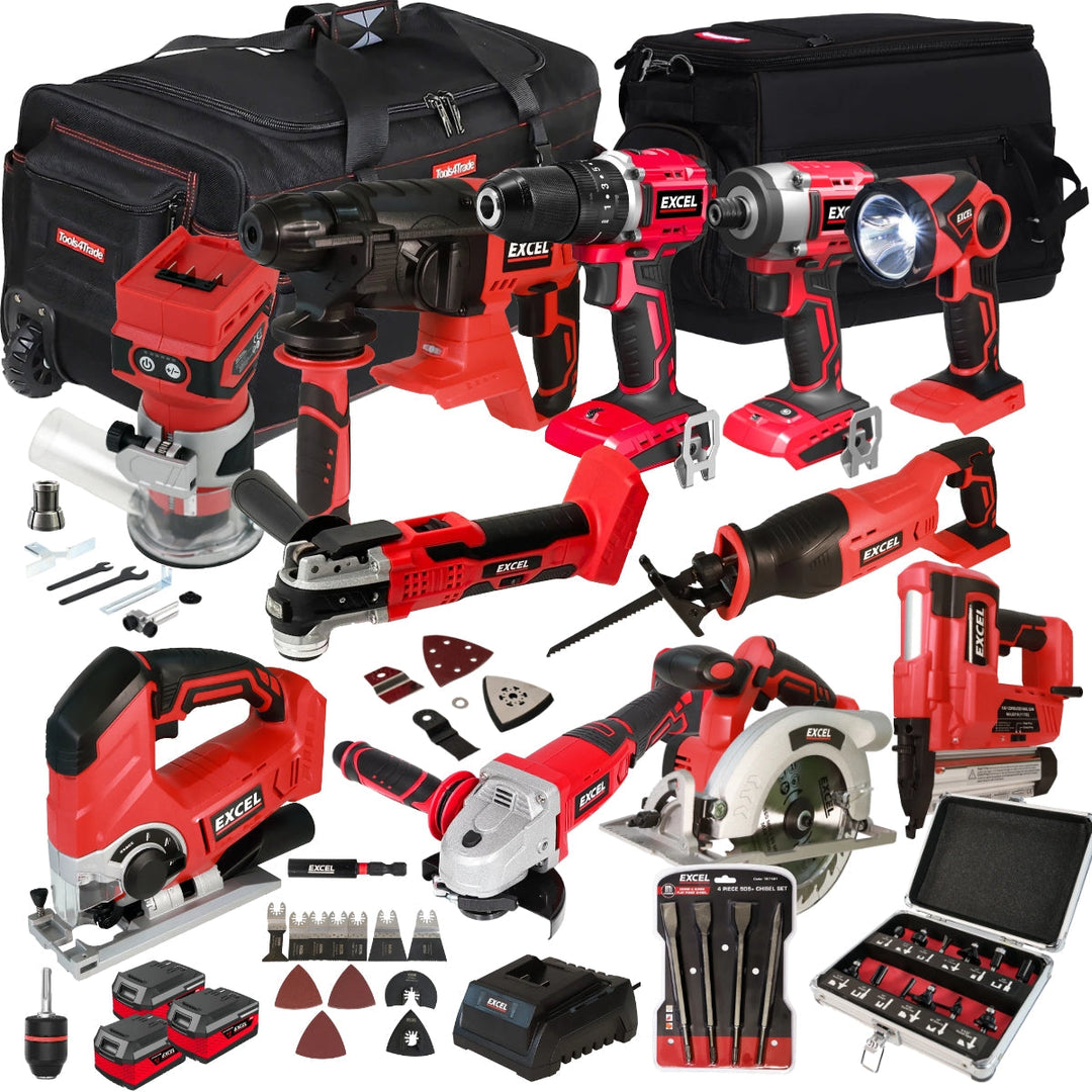 Excel 18V 11 Piece Power Tool Kit with 3 x 4.0Ah Battery Charger & Accessories EXLKIT-17307