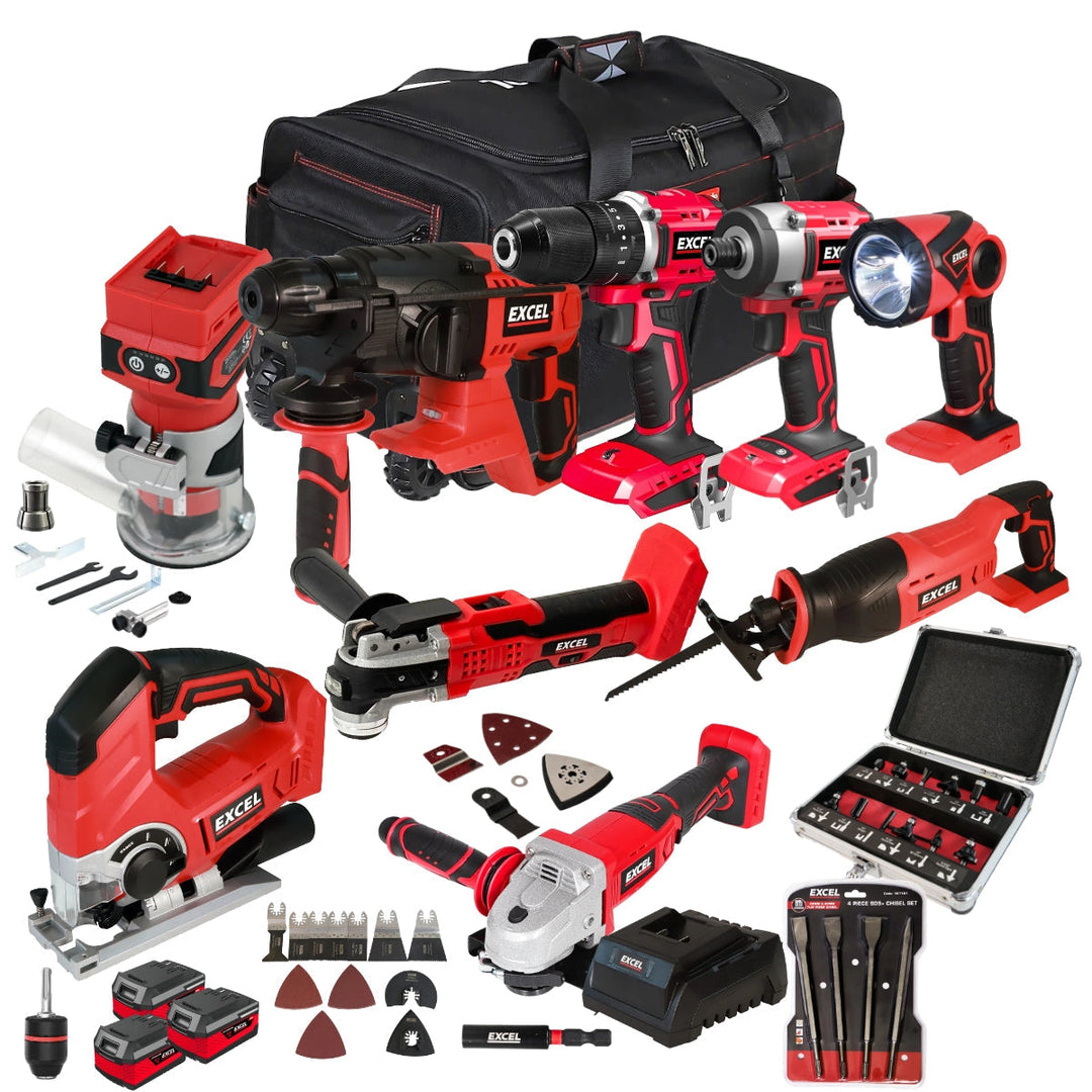Excel 18V 9 Piece Power Tool Kit with 3 x 4.0Ah Battery Charger & Accessories EXLKIT-17309