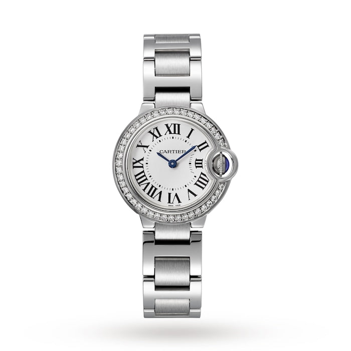 Ballon Bleu De Cartier Watch 28mm, Quartz Movement, Steel, Diamonds