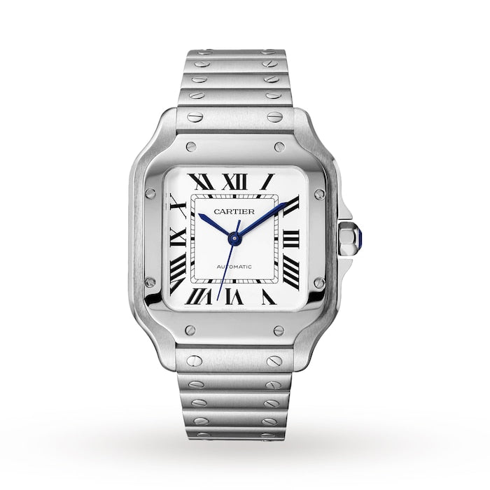 Santos De Cartier Watch Medium Model, Automatic Movement, Steel, Interchangeable Metal And Leather Bracelets