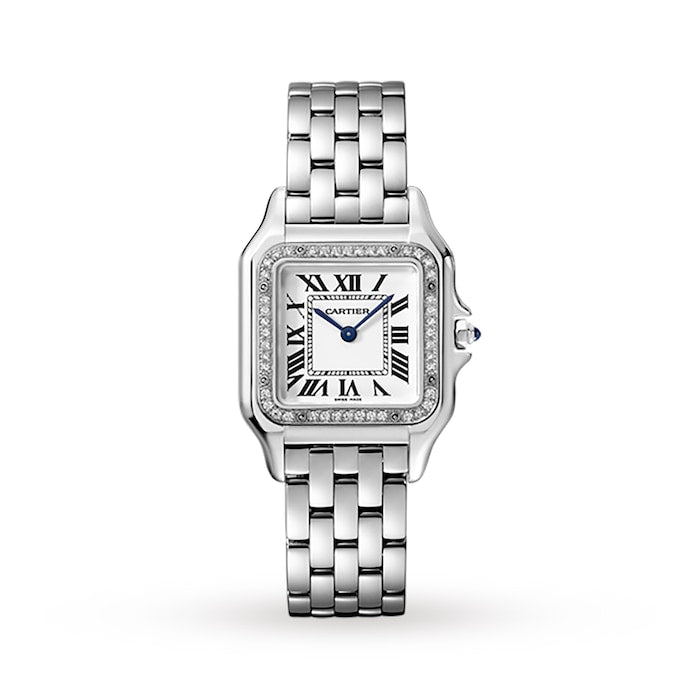 Panthère De Cartier Watch Medium Model, Quartz Movement, Steel, Diamonds