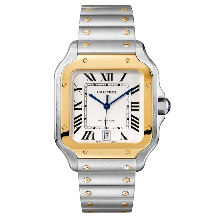 Santos De Cartier Watch Large Model, Automatic Movement, Yellow Gold, Steel, Interchangeable Metal And Leather Bracelets