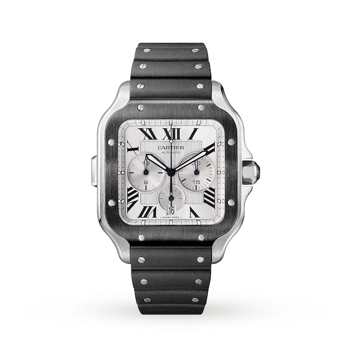 Santos De Cartier Chronograph Watch Extra-Large Model, Automatic Movement, Steel, ADLC, Interchangeable Rubber And Leather Bracelets