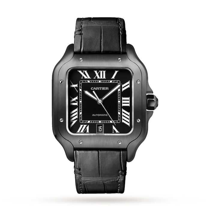 Santos De Cartier Watch Large Model, Automatic Movement, Steel, ADLC, Interchangeable Rubber And Leather Bracelets