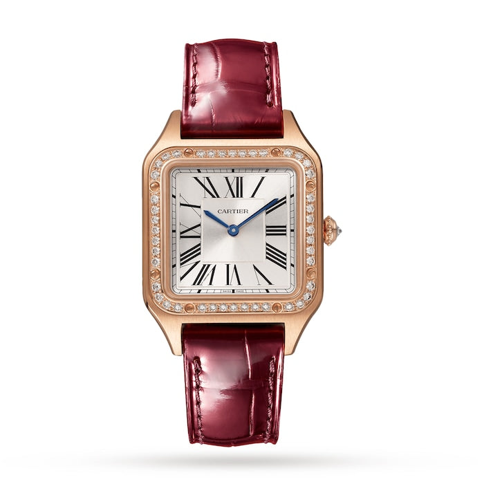 Santos-Dumont Watch Small Model, Rose Gold, Diamonds, Leather Strap