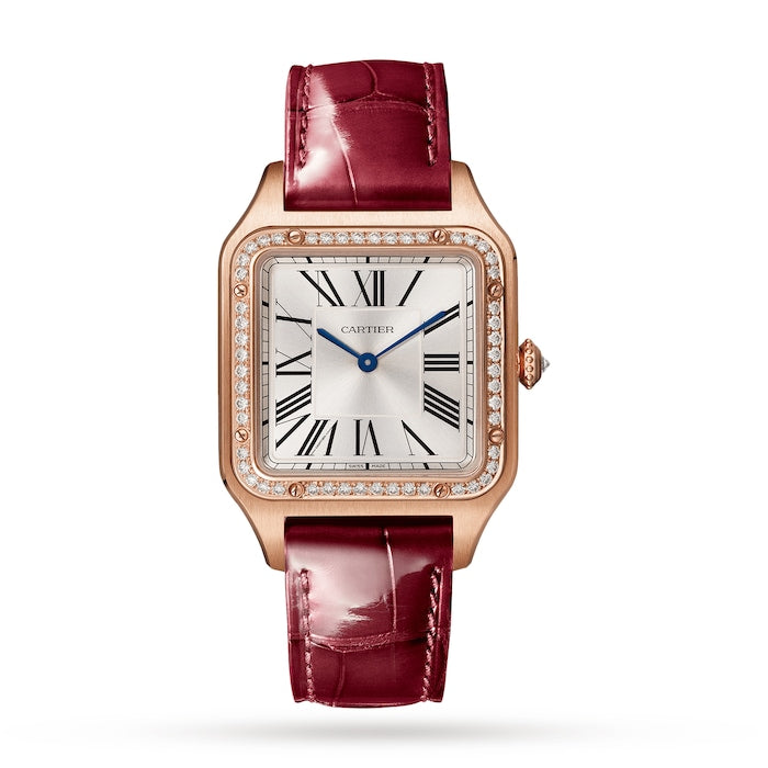 Santos-Dumont Watch Large Model, Rose Gold, Diamonds, Leather Strap