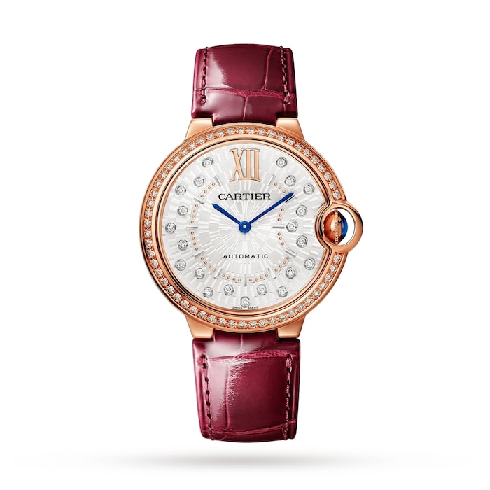 Ballon Bleu De Cartier Watch 36mm, Automatic Mechanical Movement, Rose Gold, Diamonds, Leather