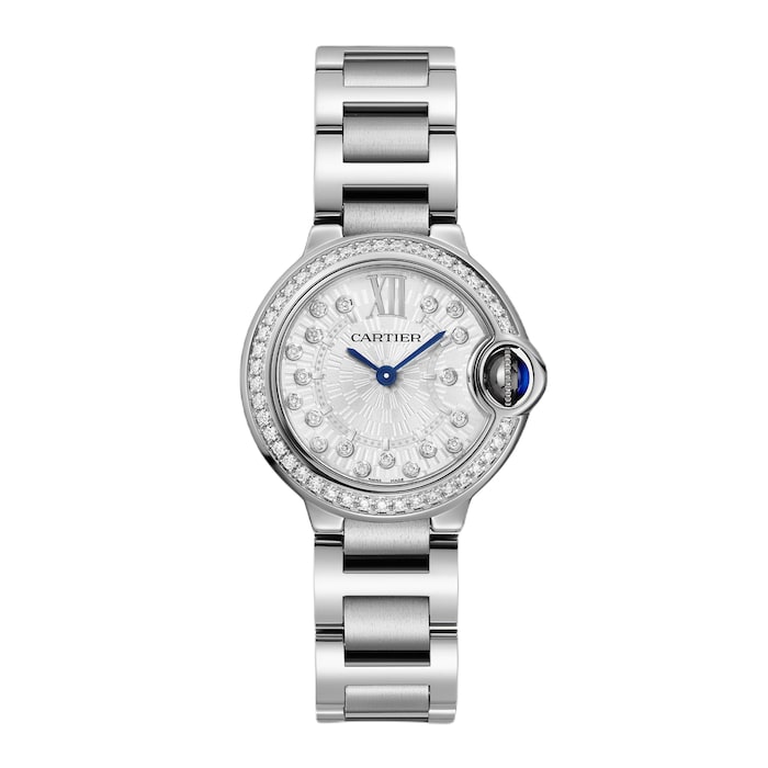 Ballon Bleu de Cartier watch, 28 mm, quartz movement Steel case, fluted steel crown set with a synthetic cabochon-shaped spinel.
