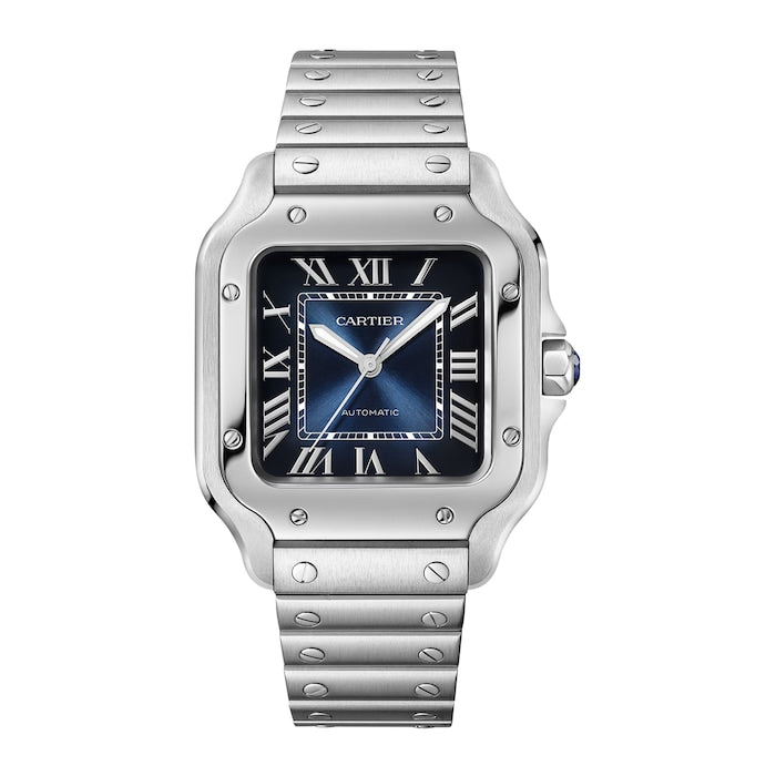 Santos de Cartier Watch, Medium Model, Steel, Automatic, Interchangeable Leather Strap