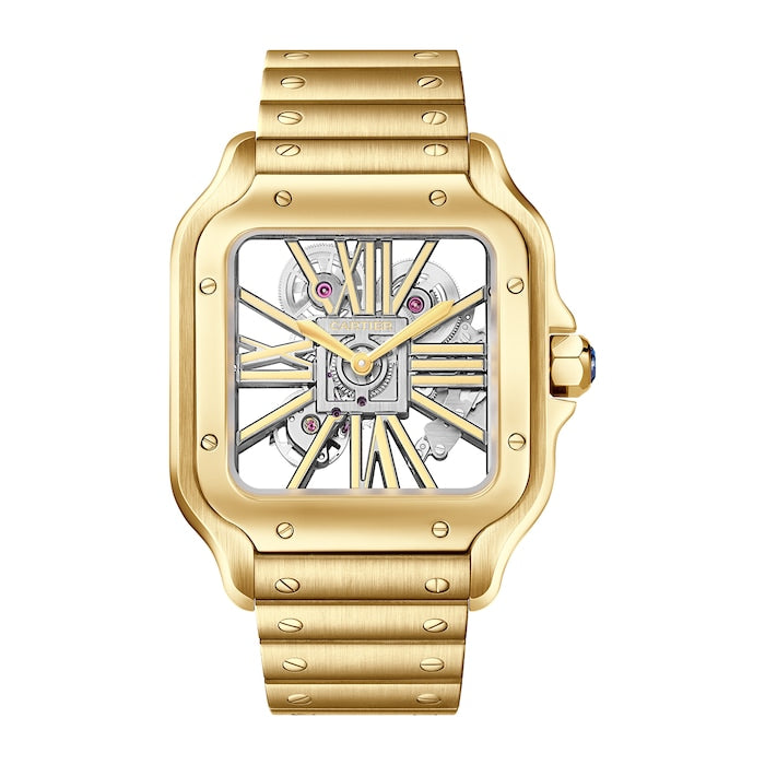 Santos De Cartier Skeleton Watch, Large Model, Skeleton Mechanical Movement With Manual Winding 9612 MC, Yellow Gold
