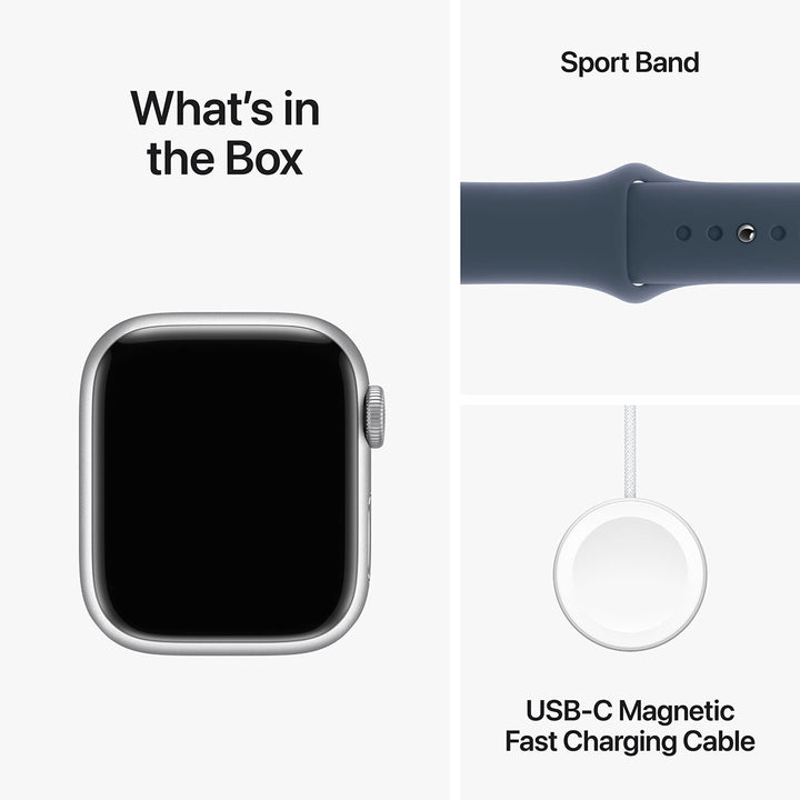 Apple Watch Series 9 GPS + Cellular, 41mm Silver Stainless Steel Case / Storm Blue Sport Band S/M, MRJ23QA/A