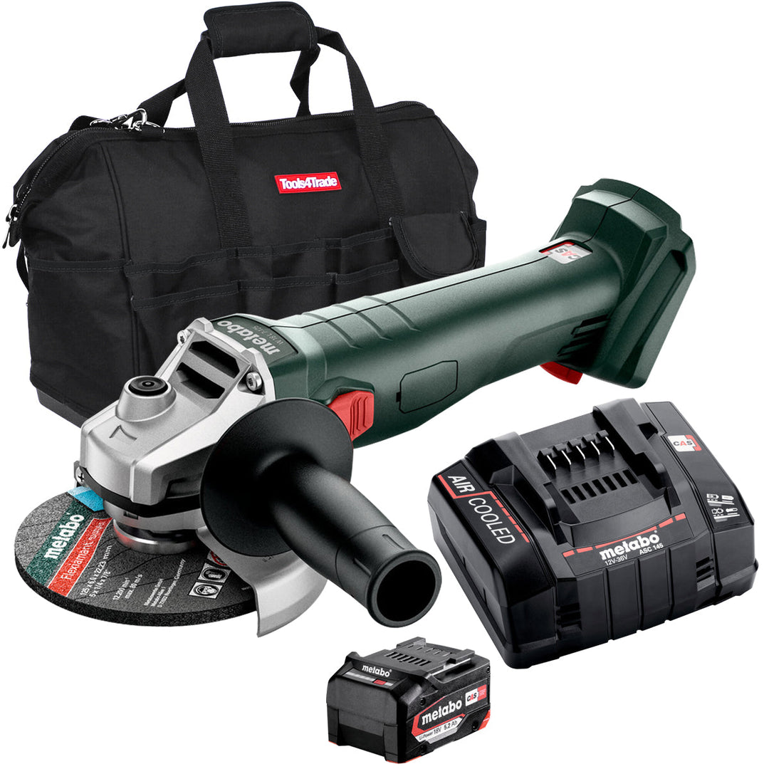 Metabo W 18 7-125 18V 125mm Angle Grinder with 1 x 5.2Ah Battery Charger & Bag