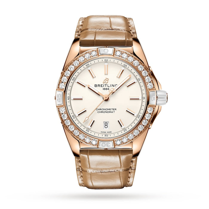 Super Chronomat Automatic 38 Origins White 18ct Rose Gold Brown Leather Strap Watch