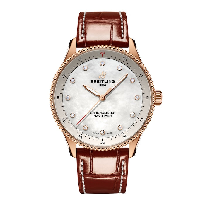 Navitimer 32mm Ladies Watch White Mother Of Pearl Alligator 18k Red Gold