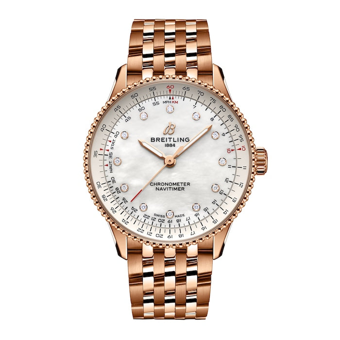 Navitimer 36mm Ladies Watch White Mother Of Pearl 18k Red Gold