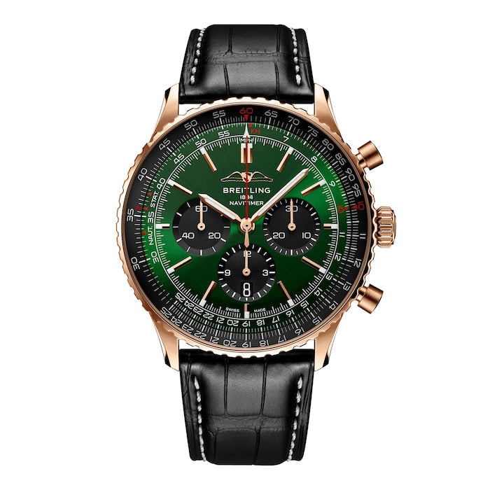 Navitimer Chronograph 18ct Rose Gold 46mm Mens Watch Green Alligator