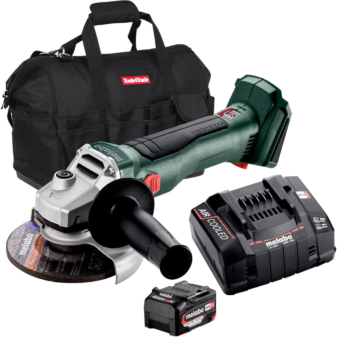 Metabo W 18 L BL 9-125 18V Brushless 125mm Angle Grinder with 1 x 5.2Ah Battery Charger & Bag