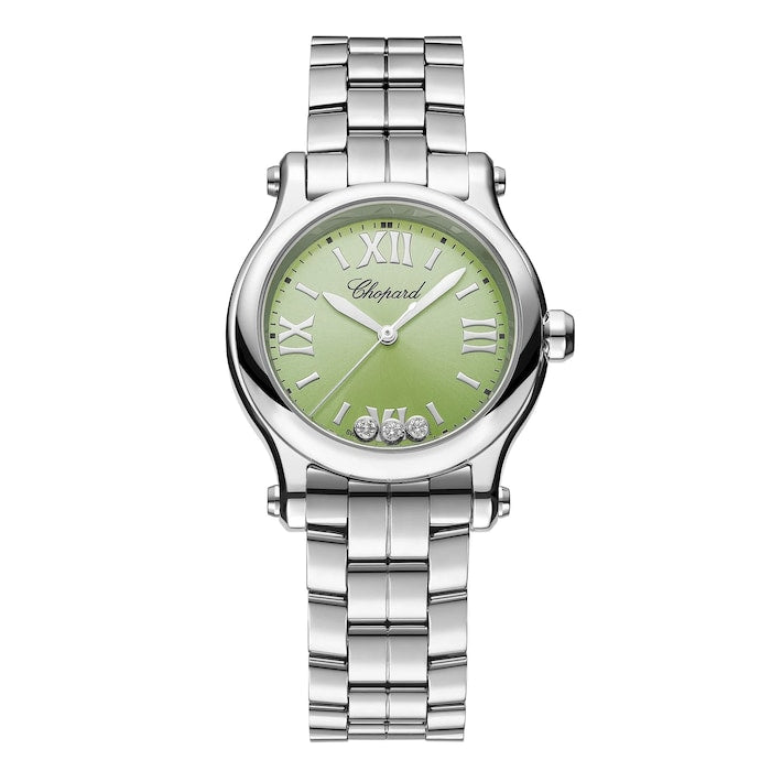 Happy Sport 30mm, Quartz, Lucent Steel™, Diamonds - Green