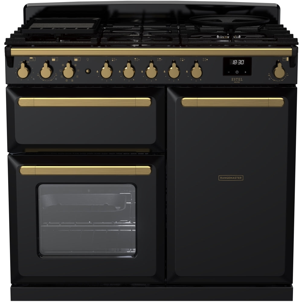 Rangemaster Estel Deluxe ESDL100DFPGBL/AB1 100cm wide Dual Fuel Range Cooker with Gas Hob - Black / Antique Brass